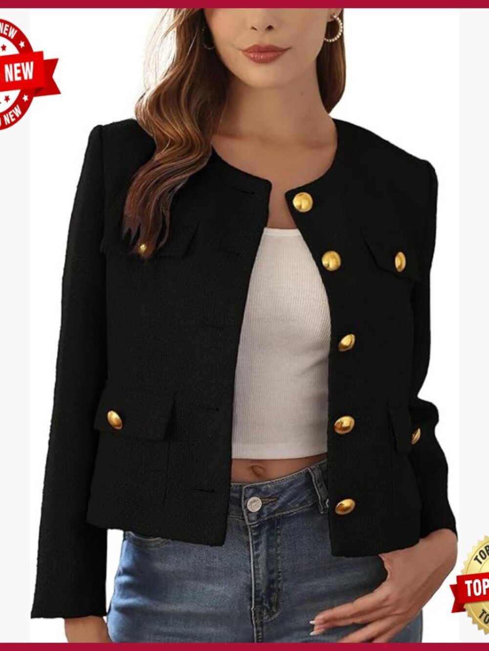 Cropped Tweed Blazer with Gold Buttons, Business Casual Jacket for Women